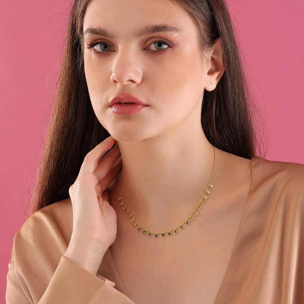 Handmade Personalize Gradient Green Gemstone Choker Necklace,925K silver - Picture 2 of 5